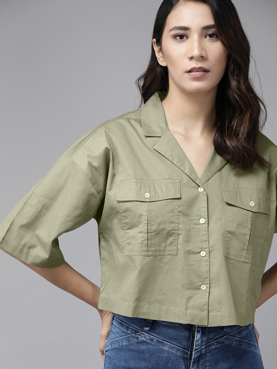 

Roadster Women Olive Green Cotton Opaque Crop Casual Shirt