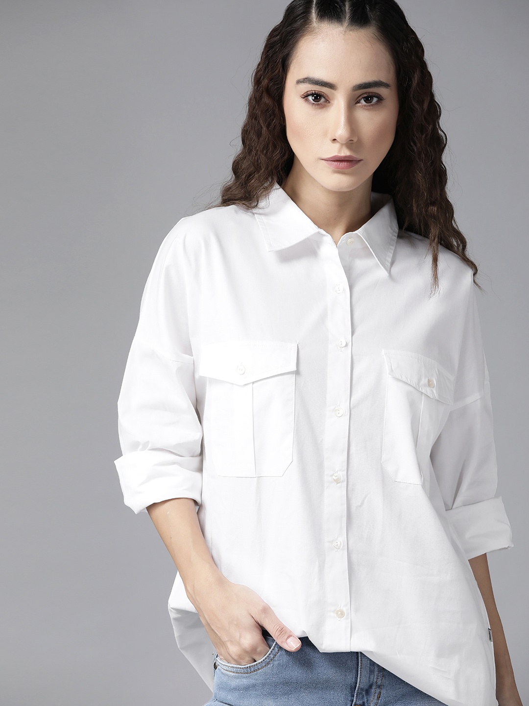 

Roadster Women White Pure Cotton Solid High-Low Longline Shirt