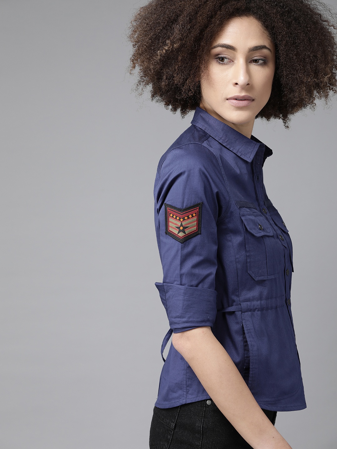 

Roadster Women Blue Opaque Applique Pure Cotton Casual Shirt