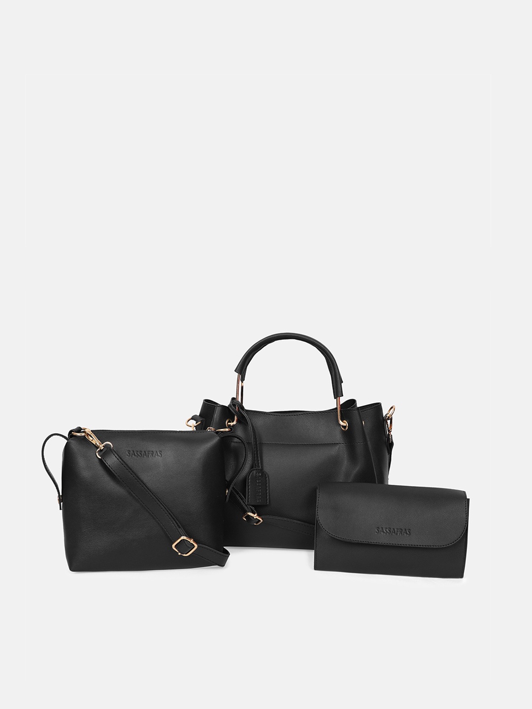 

SASSAFRAS Pack Of 3 Black PU Structured Handheld Bag Combo Set