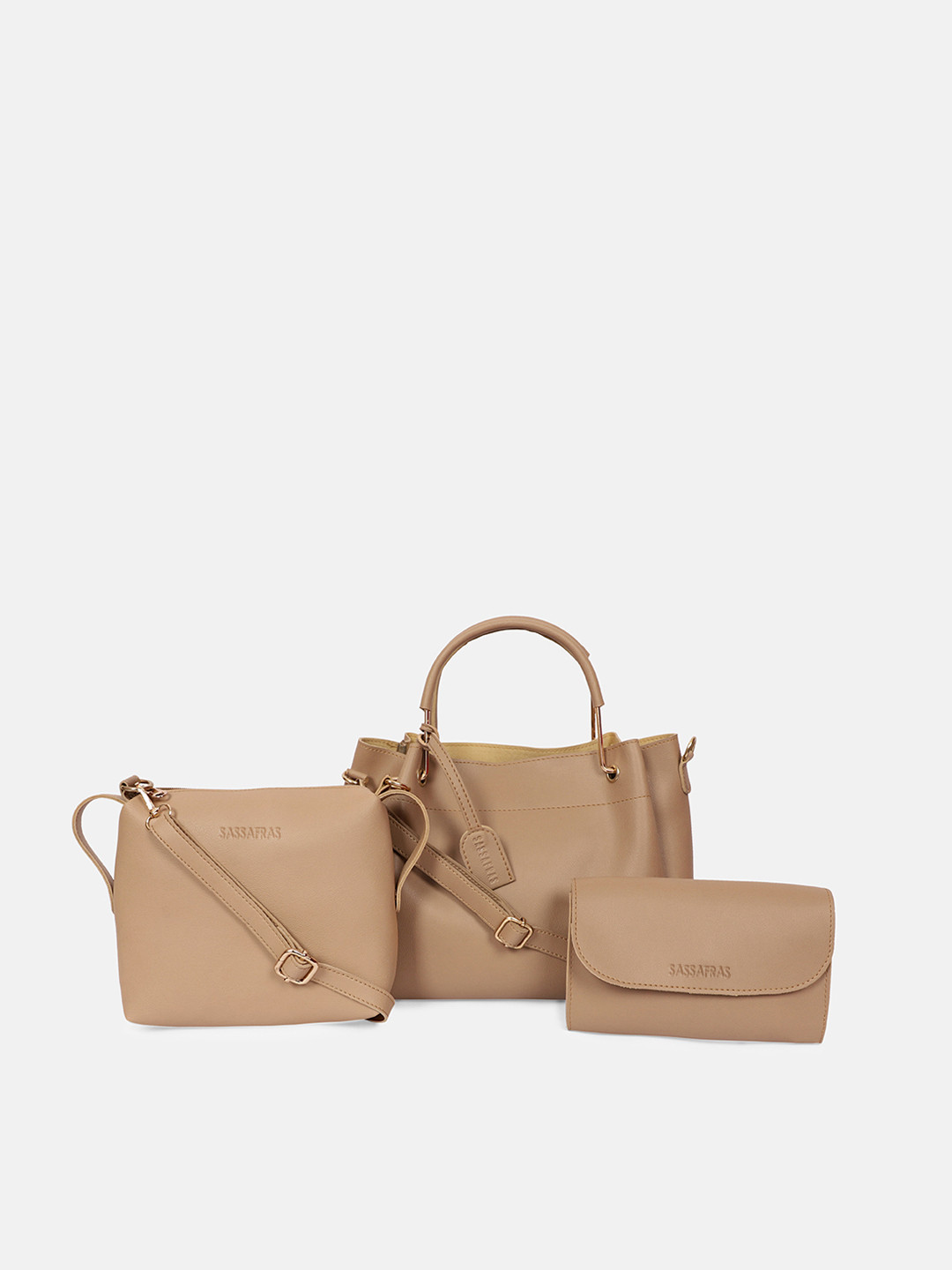 

SASSAFRAS Set Of 3 Beige PU Shopper Handbags