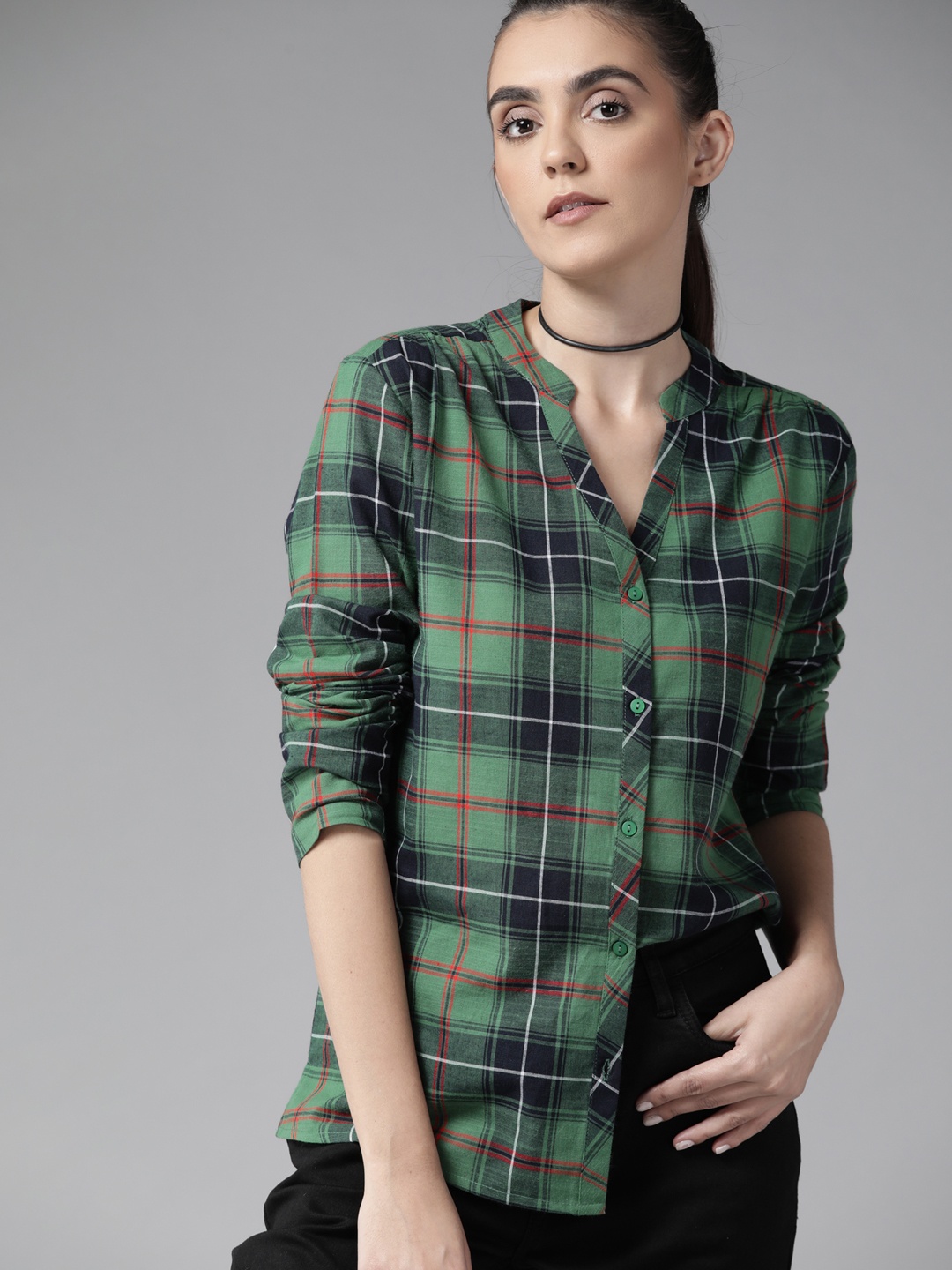 

Roadster Women Green Tartan Checked Pure Cotton Casual Shirt