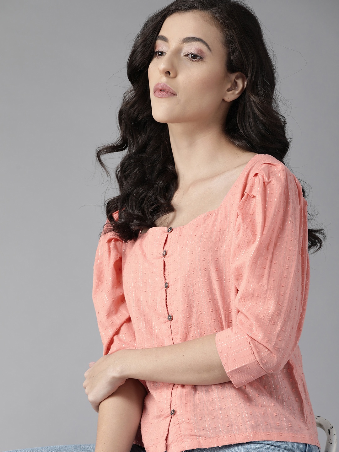 

Roadster Women Pure Cotton Pink Dobby Weave Geometric Regular Top