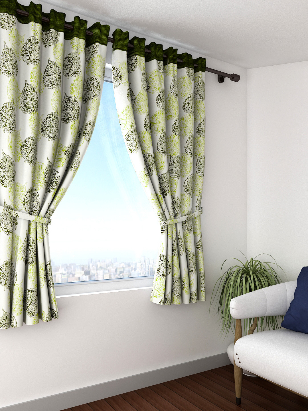 

Cortina Set of 2 Off-White & Green Printed Window Curtains