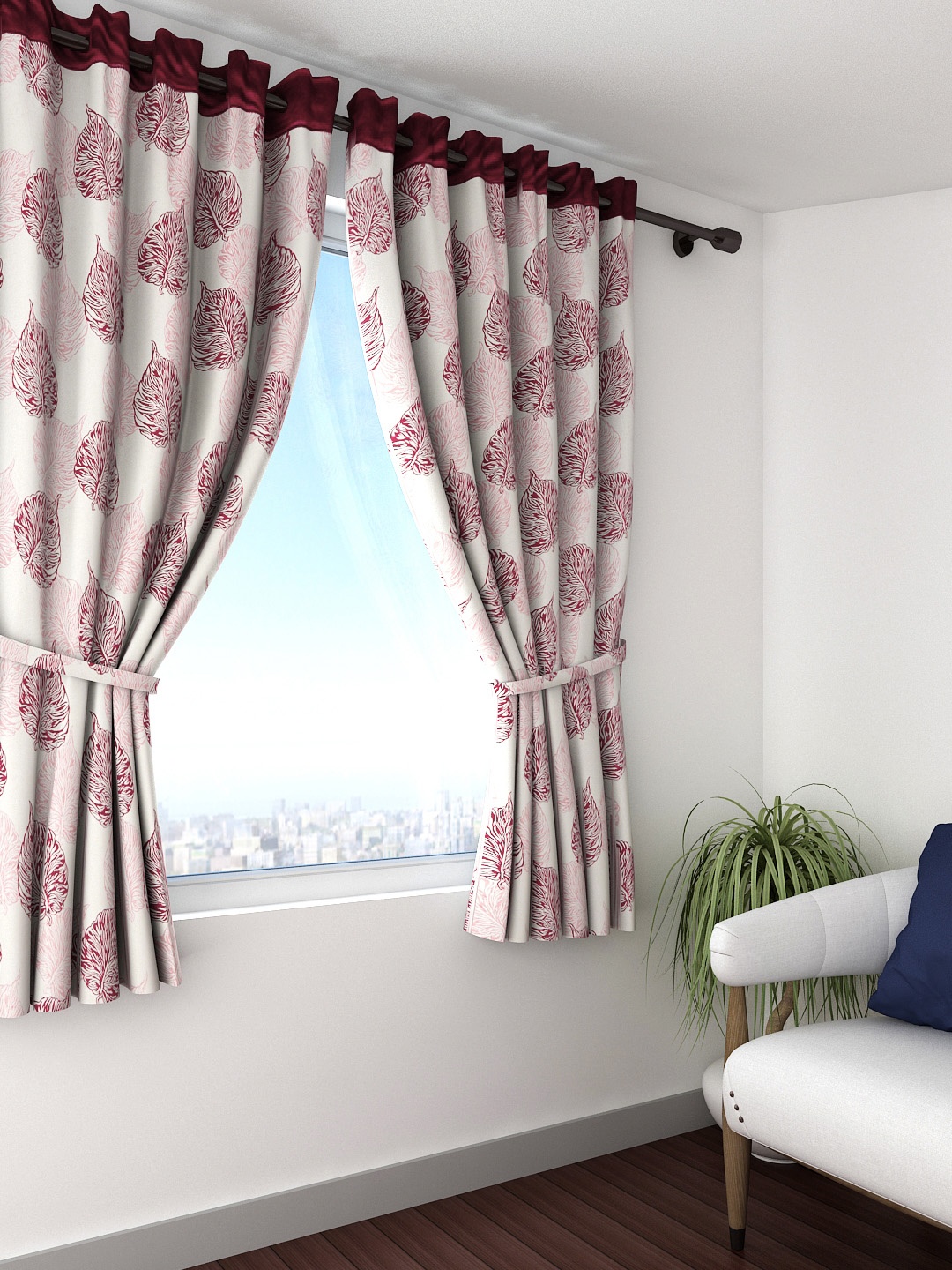 

Cortina Set of 2 Off-White & Maroon Printed Window Curtains