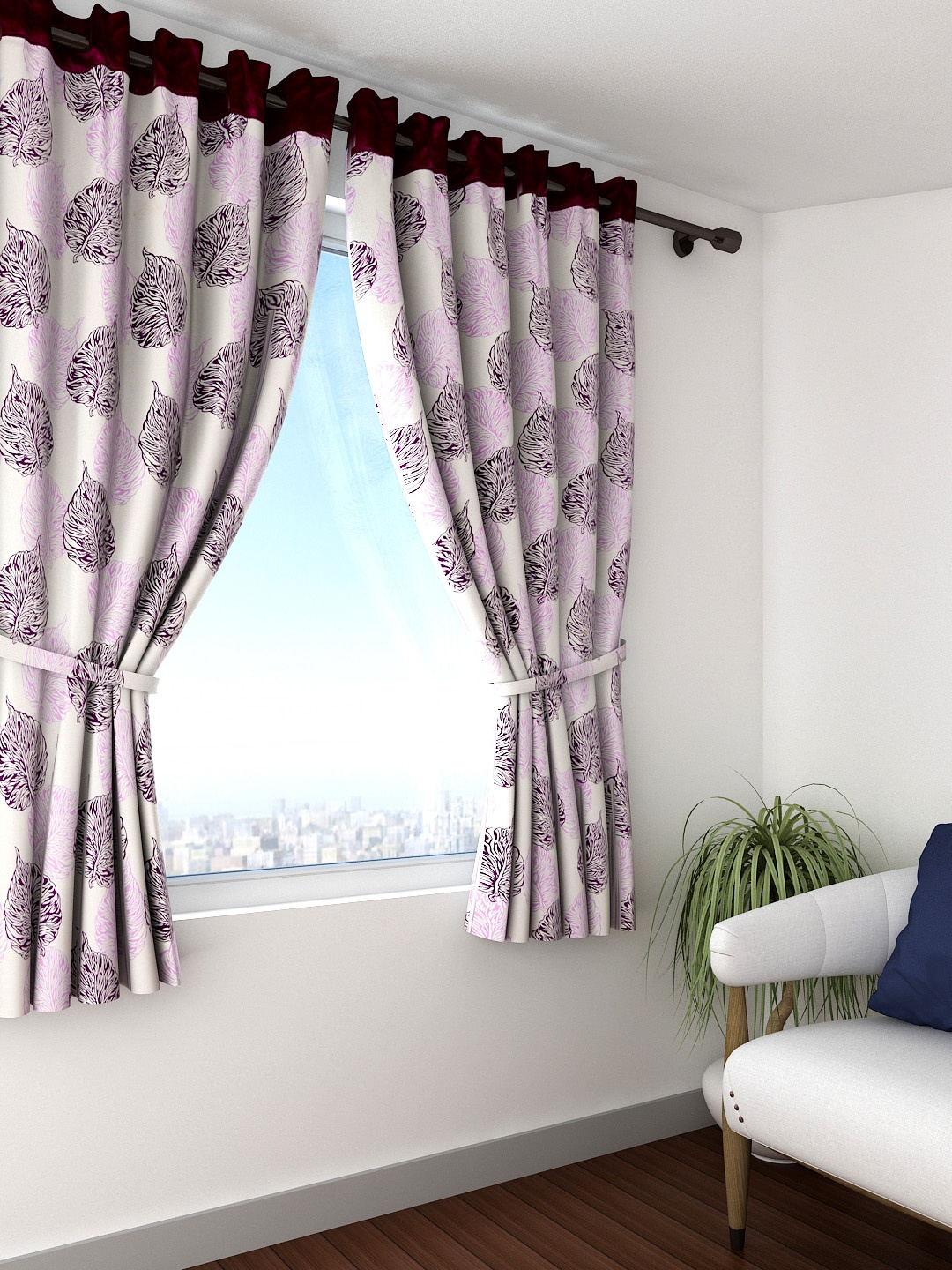 

Cortina Set of 2 Off-White & Purple Printed Window Curtains