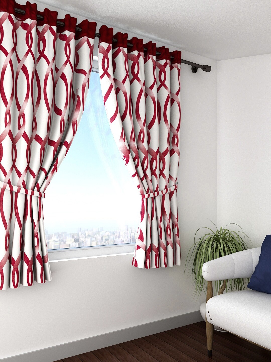 Cortina Set of 2 Maroon Printed Window Curtains