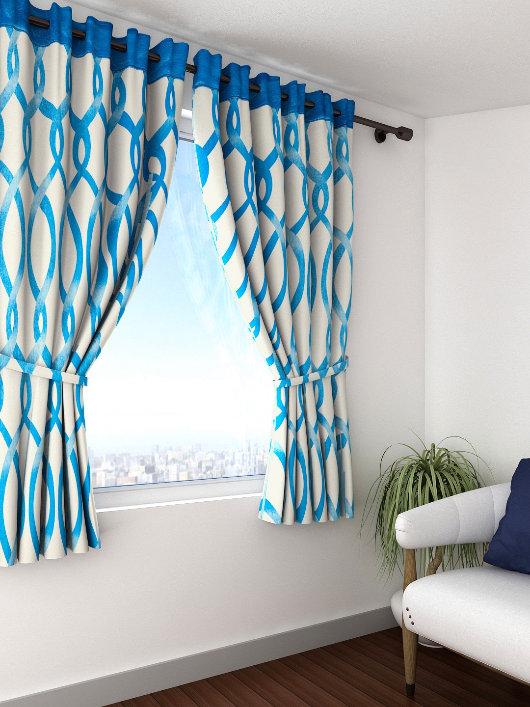 

Cortina Set of 2 Off-White & Blue Printed Window Curtains