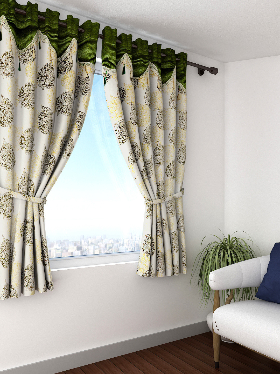 

Cortina Set of 2 Cream-Coloured & Green Printed Window Curtains