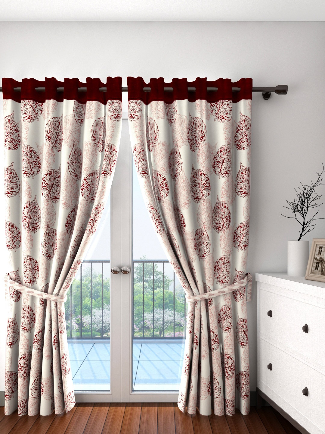 

Cortina Set of 2 Off-White & Maroon Leaf Print Door Curtains