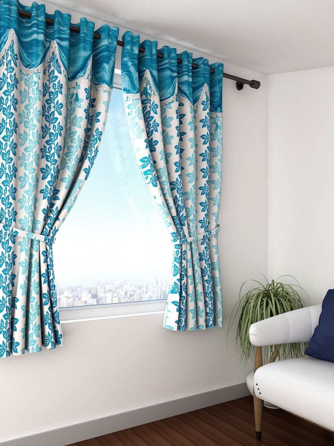 

Cortina Blue & White Set of 2 Fancy Valance Floral Printed Window Curtains