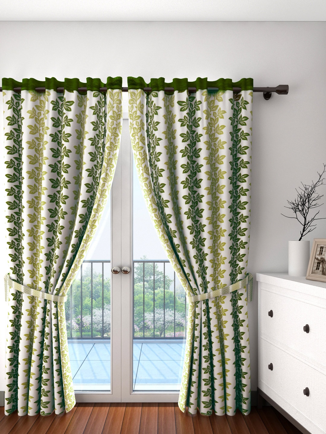 Cortina Set of 2 Off-White & Green Leaf Print Door Curtains