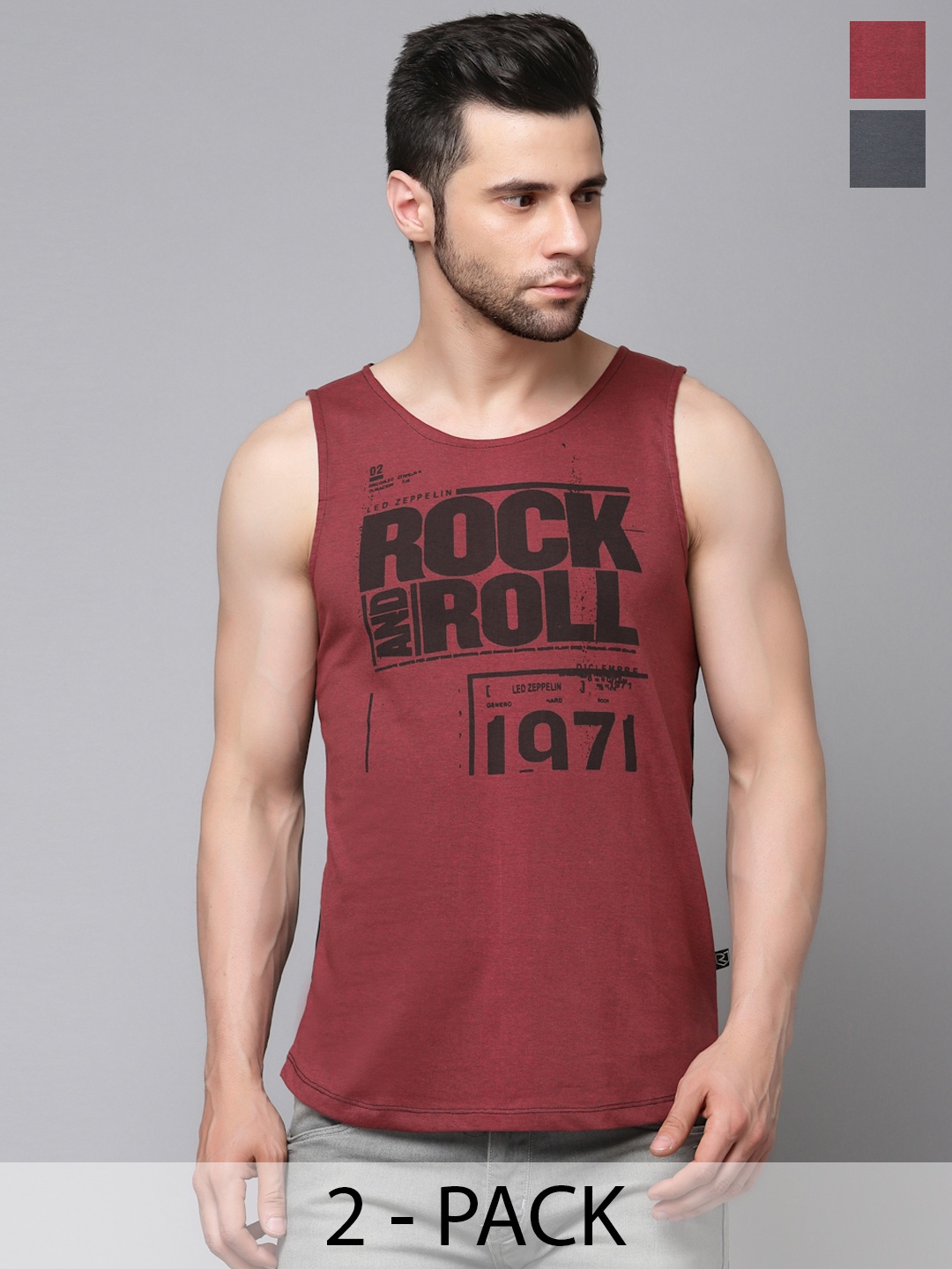 Rigo Men Maroon & Grey Pack Of 2 Typography Printed Slim Fit T-shirt