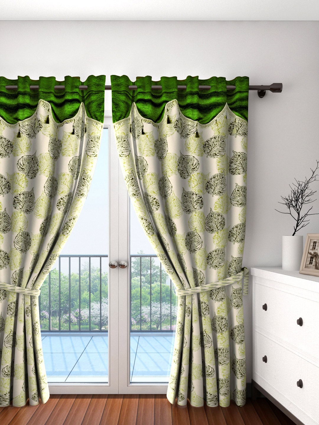 

Cortina Set of 2 Cream-Coloured & Green Leaf Print Door Curtains