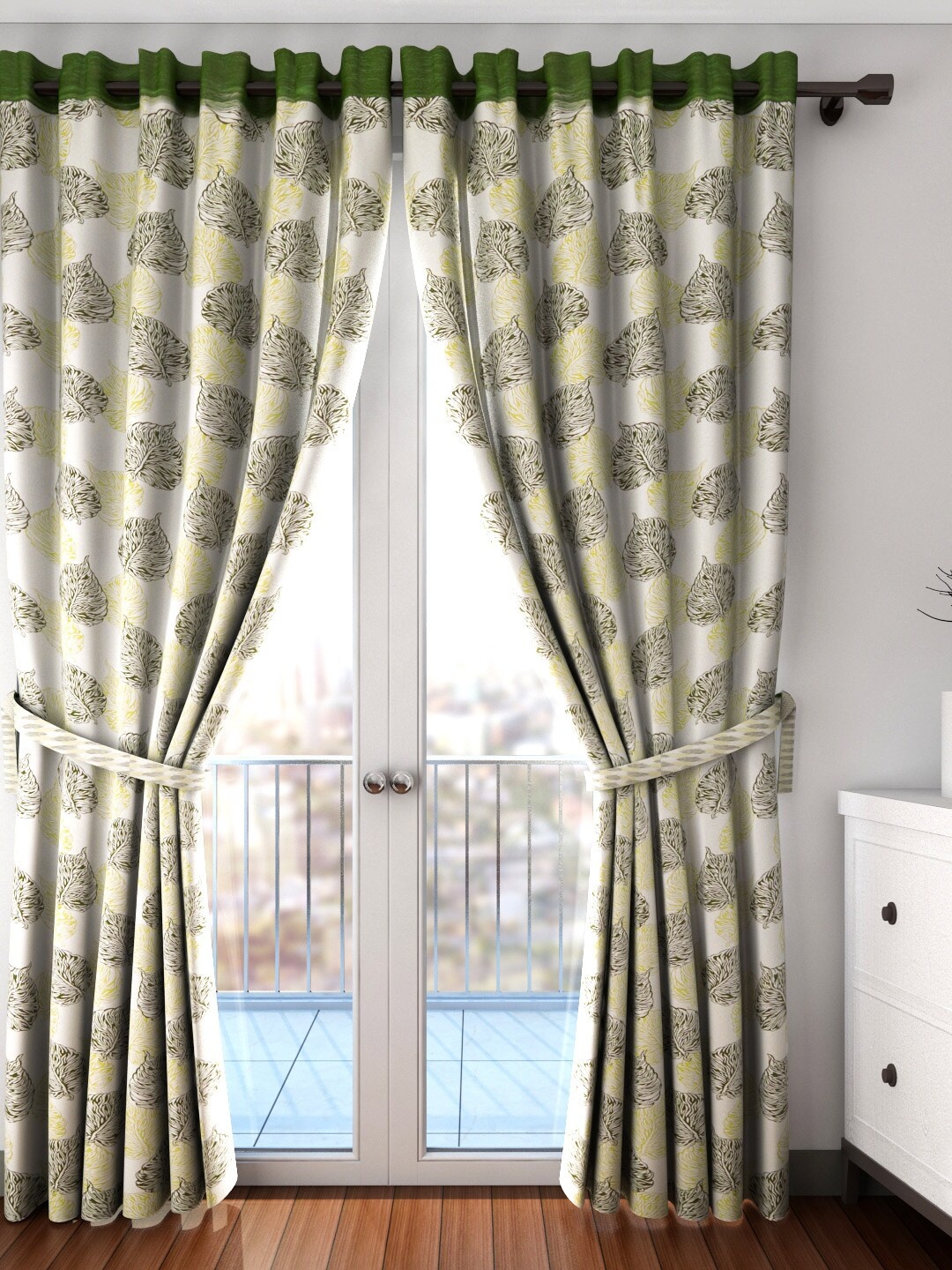 Cortina Set of 2 Off-White & Green Printed Long Door Curtains