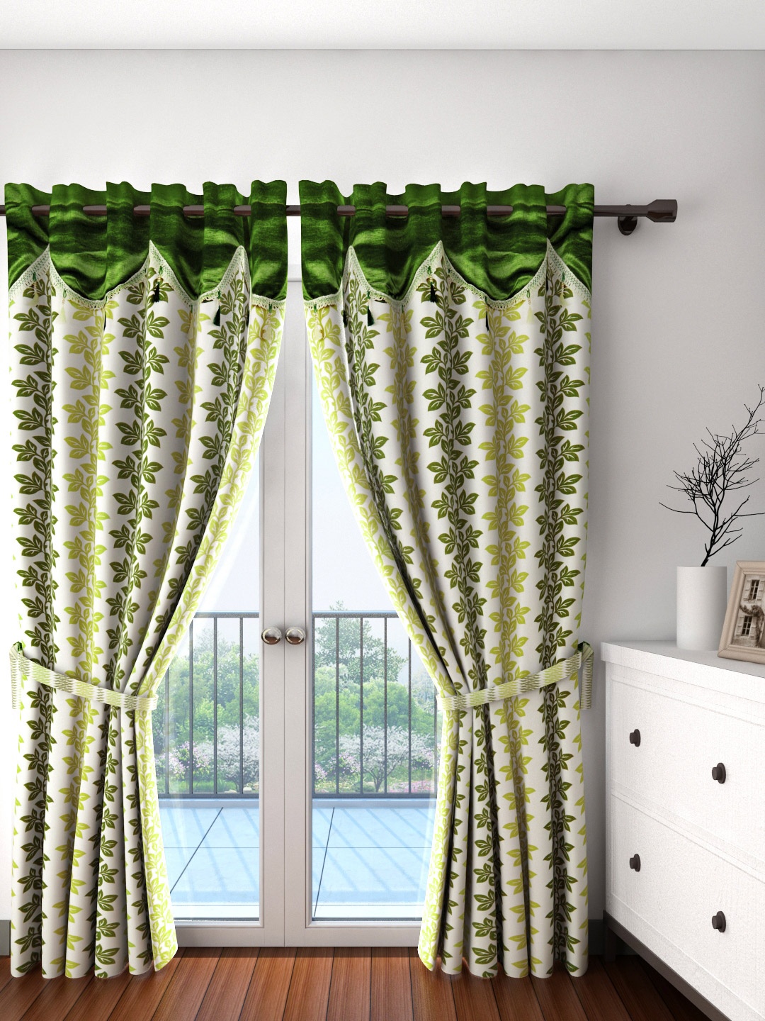 

Cortina Off-White & Green Set of 2 Fancy Valance Floral Printed Door Curtains