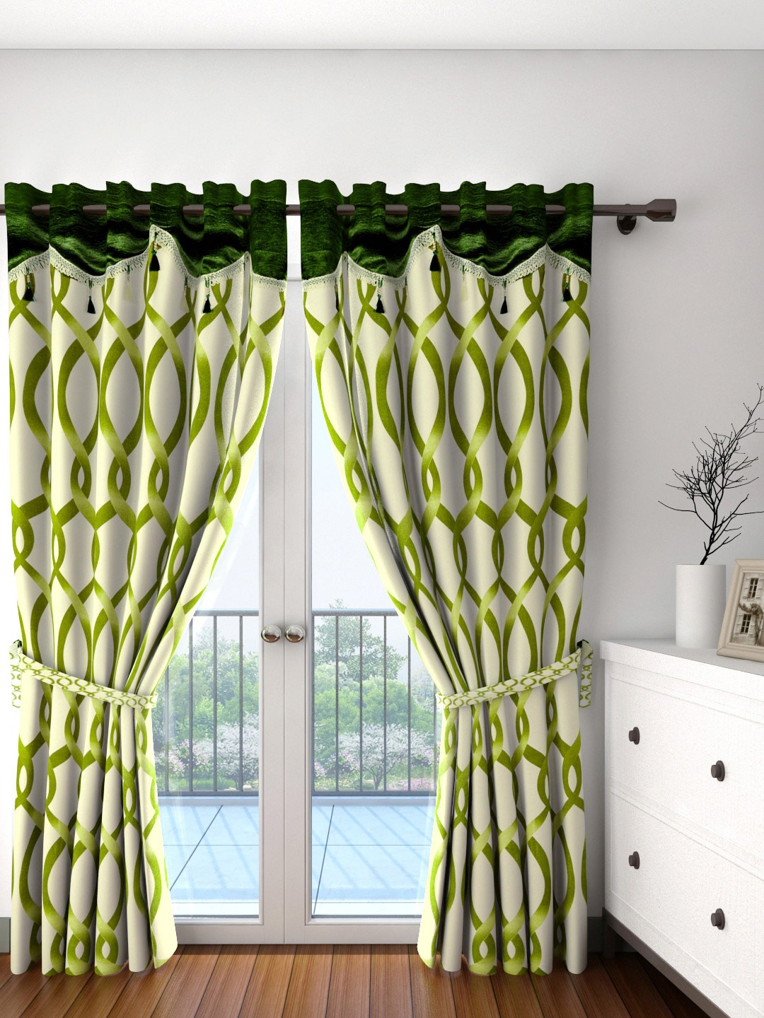 

Cortina Green & White Set of 2 Fancy Valance Abstract Printed Door Curtains, Cream