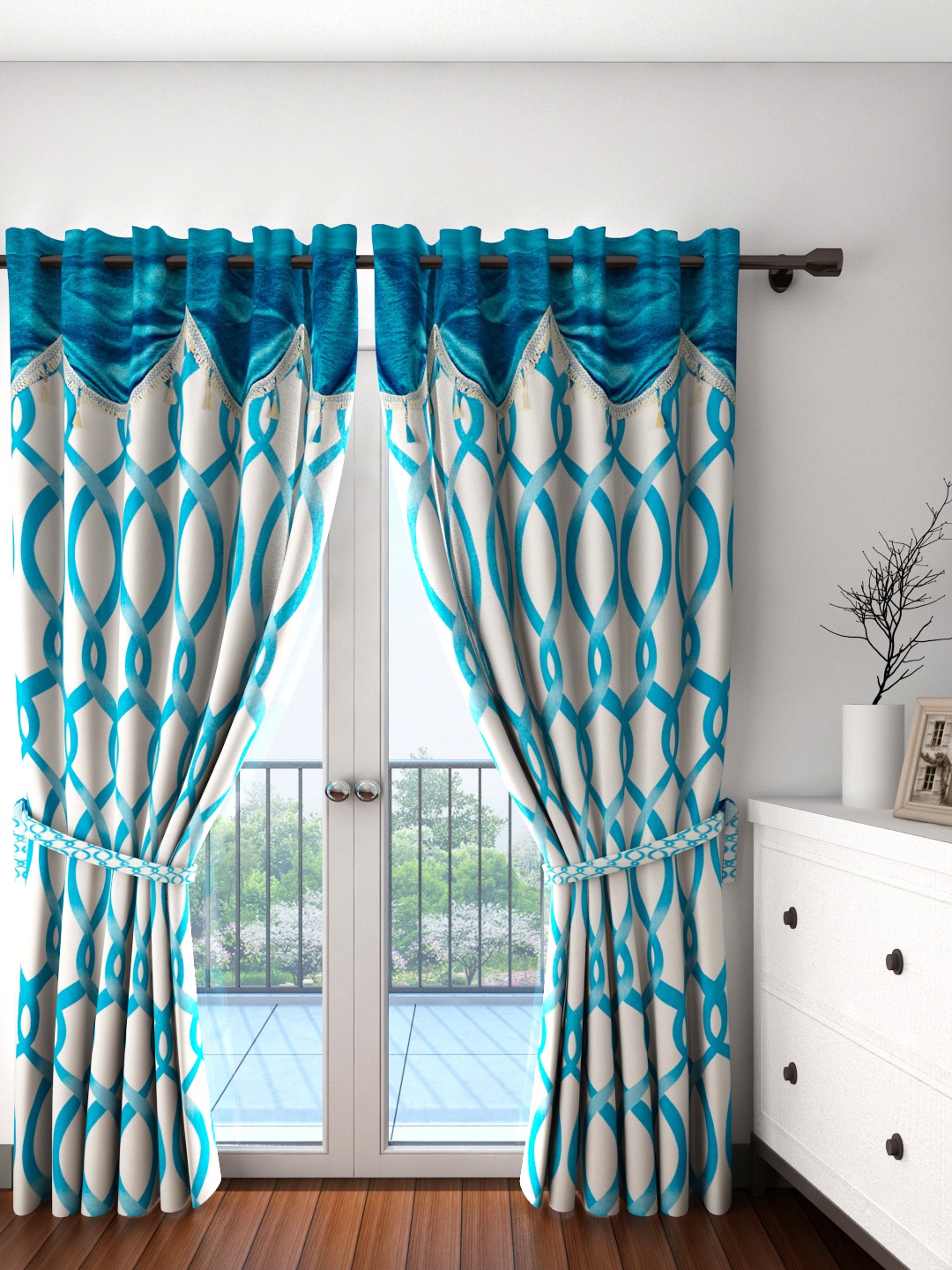 Cortina Set of 2 Off-White & Blue Printed Door Curtains