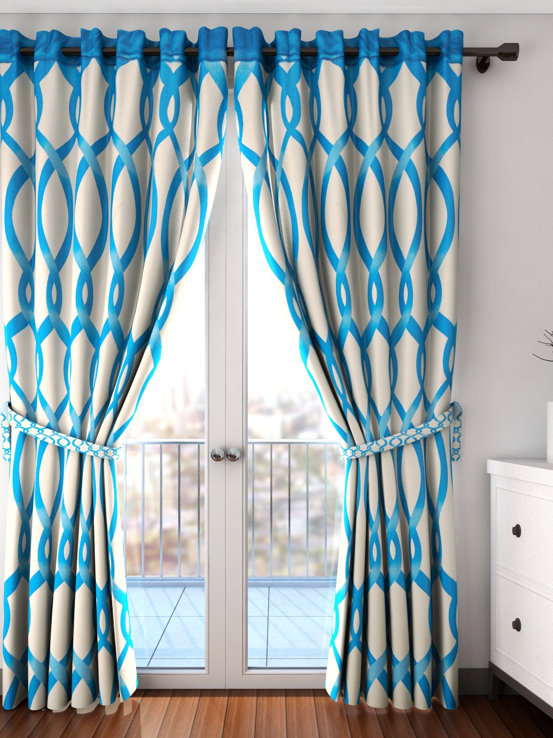 Cortina Set of 2 Off-White & Blue Printed Long Door Curtains