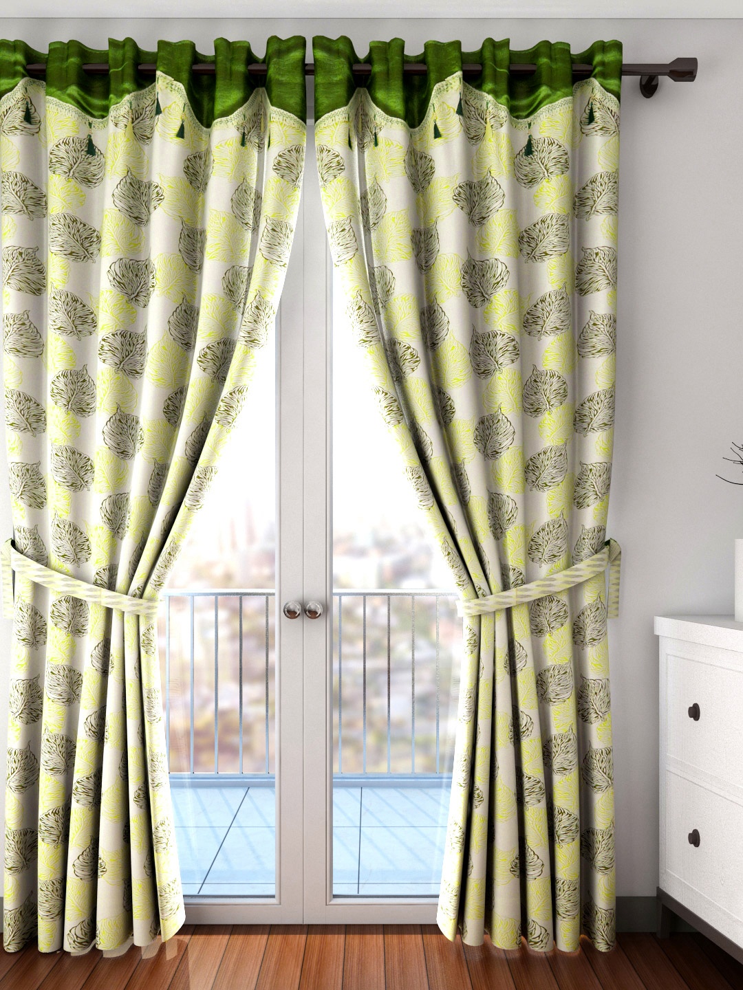 

Cortina Set of 2 Off-White & Green Printed Long Door Curtains