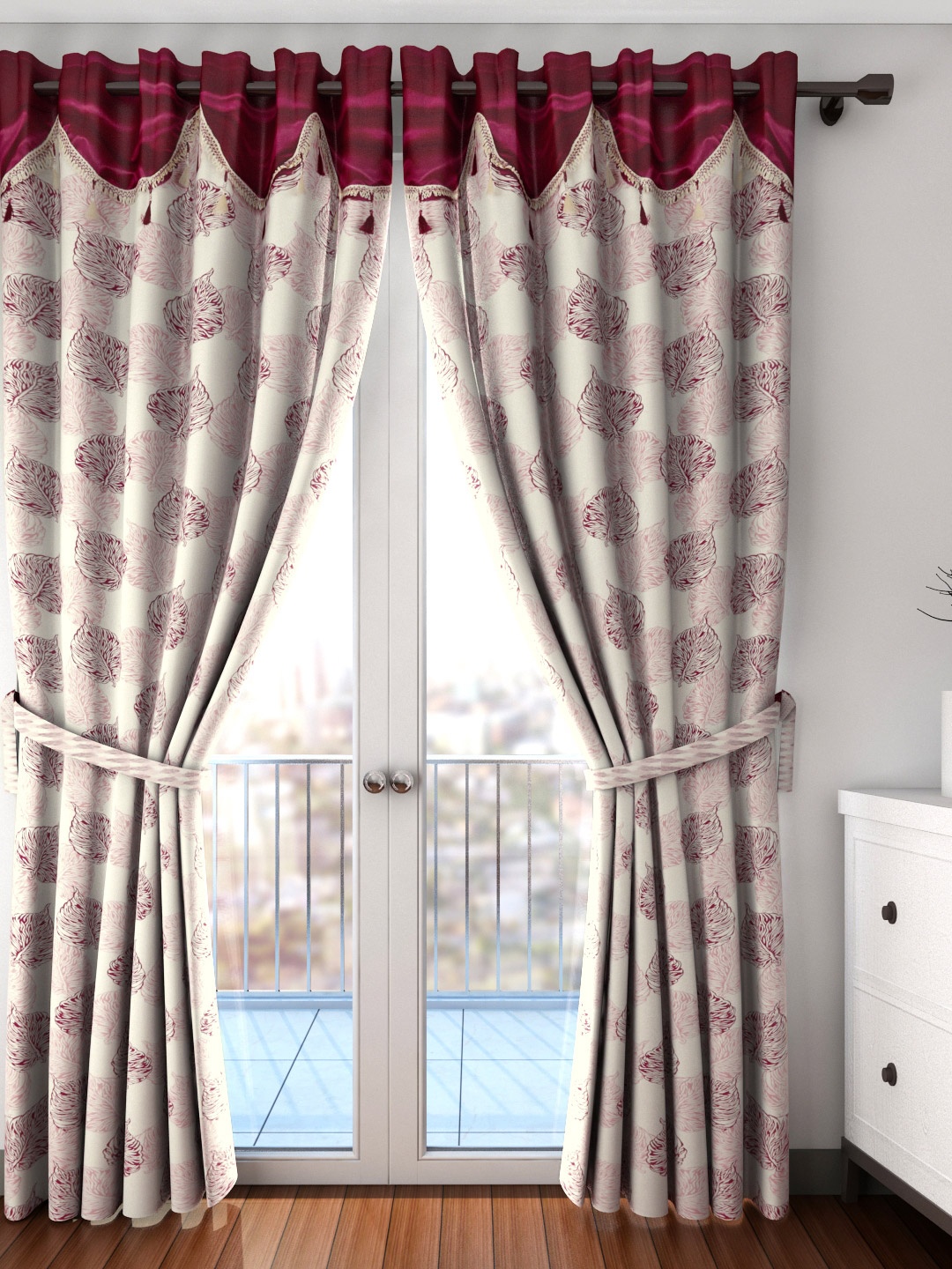 

Cortina Set of 2 Off-White & Maroon Printed Long Door Curtains