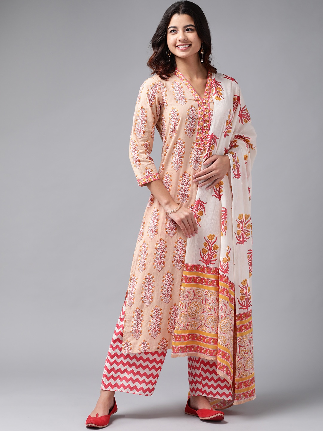 

Libas Women Peach-Coloured & Pink Printed Pure Cotton Kurta with Palazzos & Dupatta