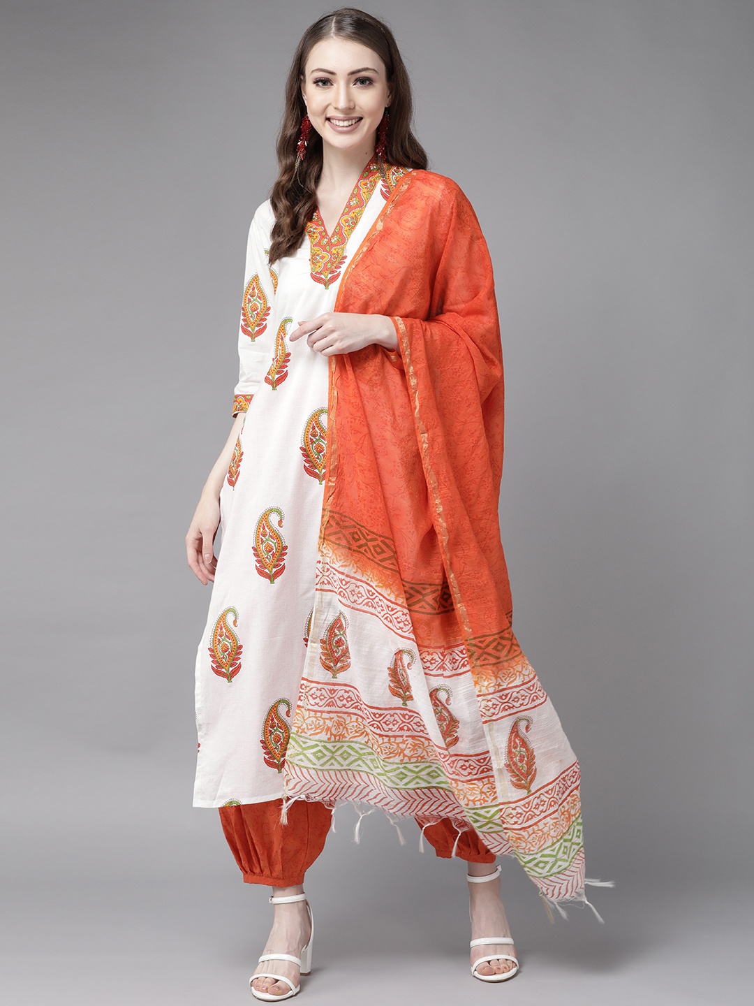 

Libas Women White & Orange Paisley Printed Pure Cotton Kurta with Salwar & With Dupatta