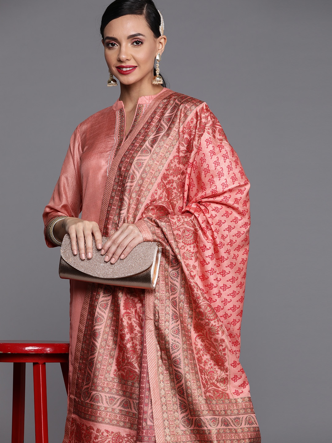 

Libas Women Peach-Coloured & Maroon Printed Kurta with Trousers & With Dupatta