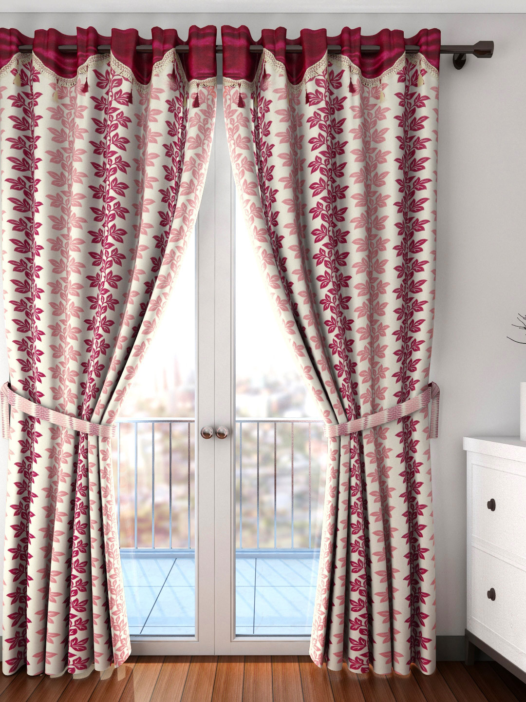 

Cortina Set of 2 Off-White & Maroon Printed Long Door Curtains