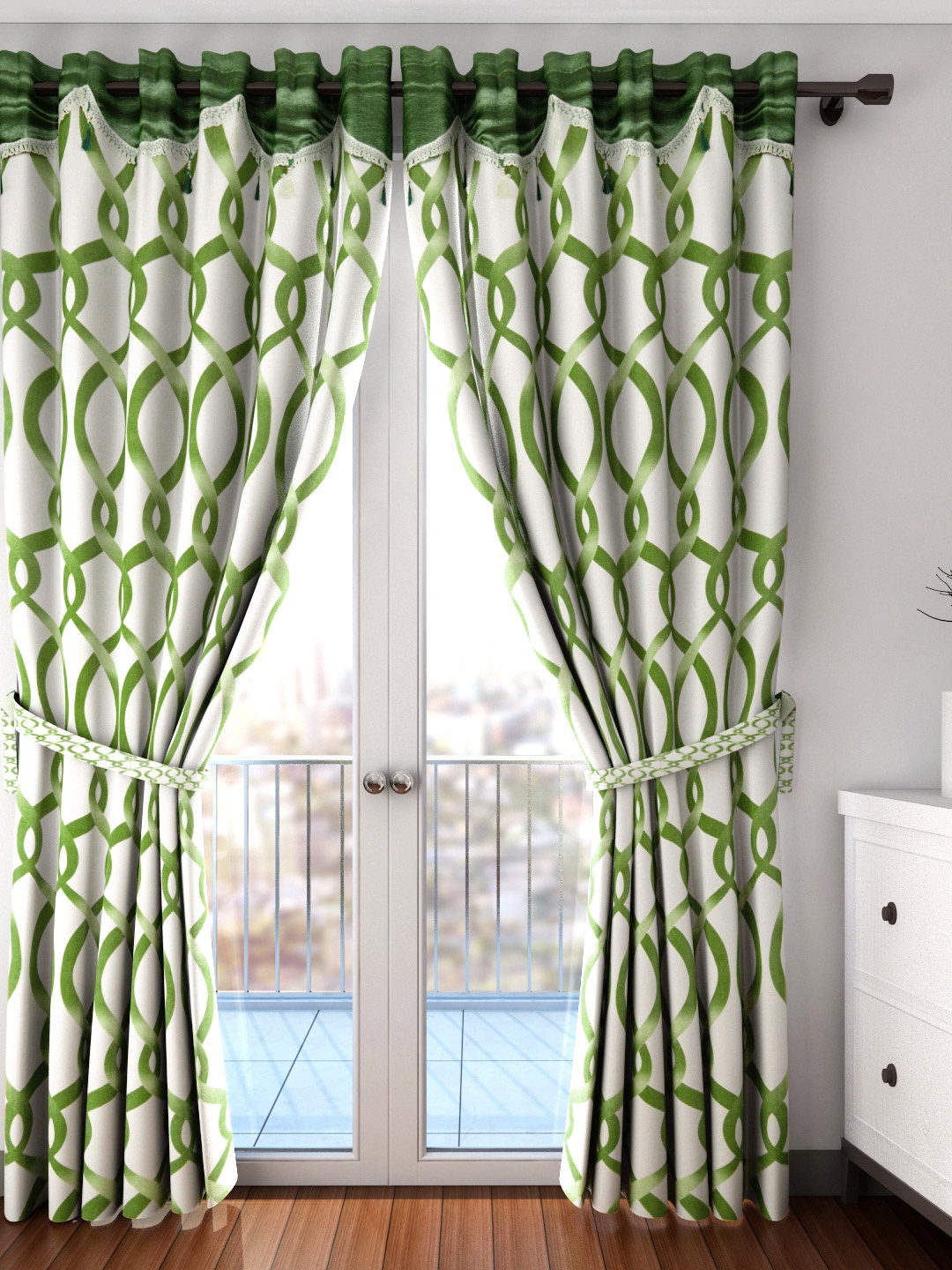 

Cortina Green & White Set of 2 Fancy Valance Abstract Printed Long Door Curtains
