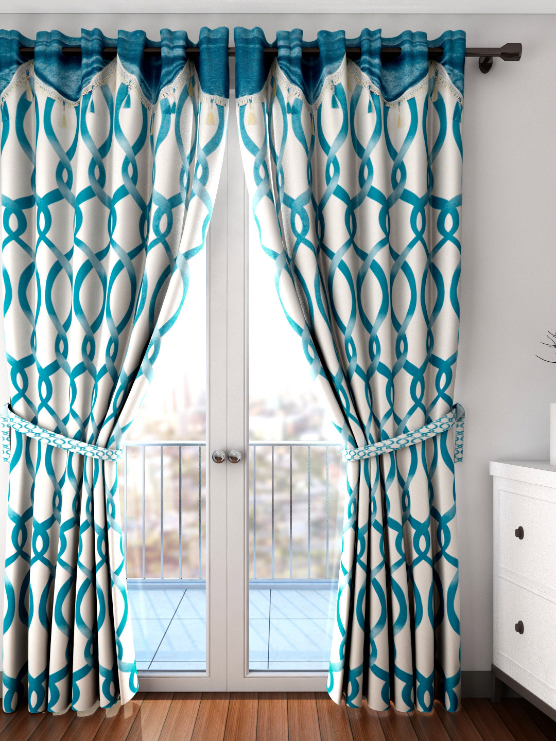 

Cortina Blue & White Set of 2 Fancy Valance Abstract Printed Long Door Curtains