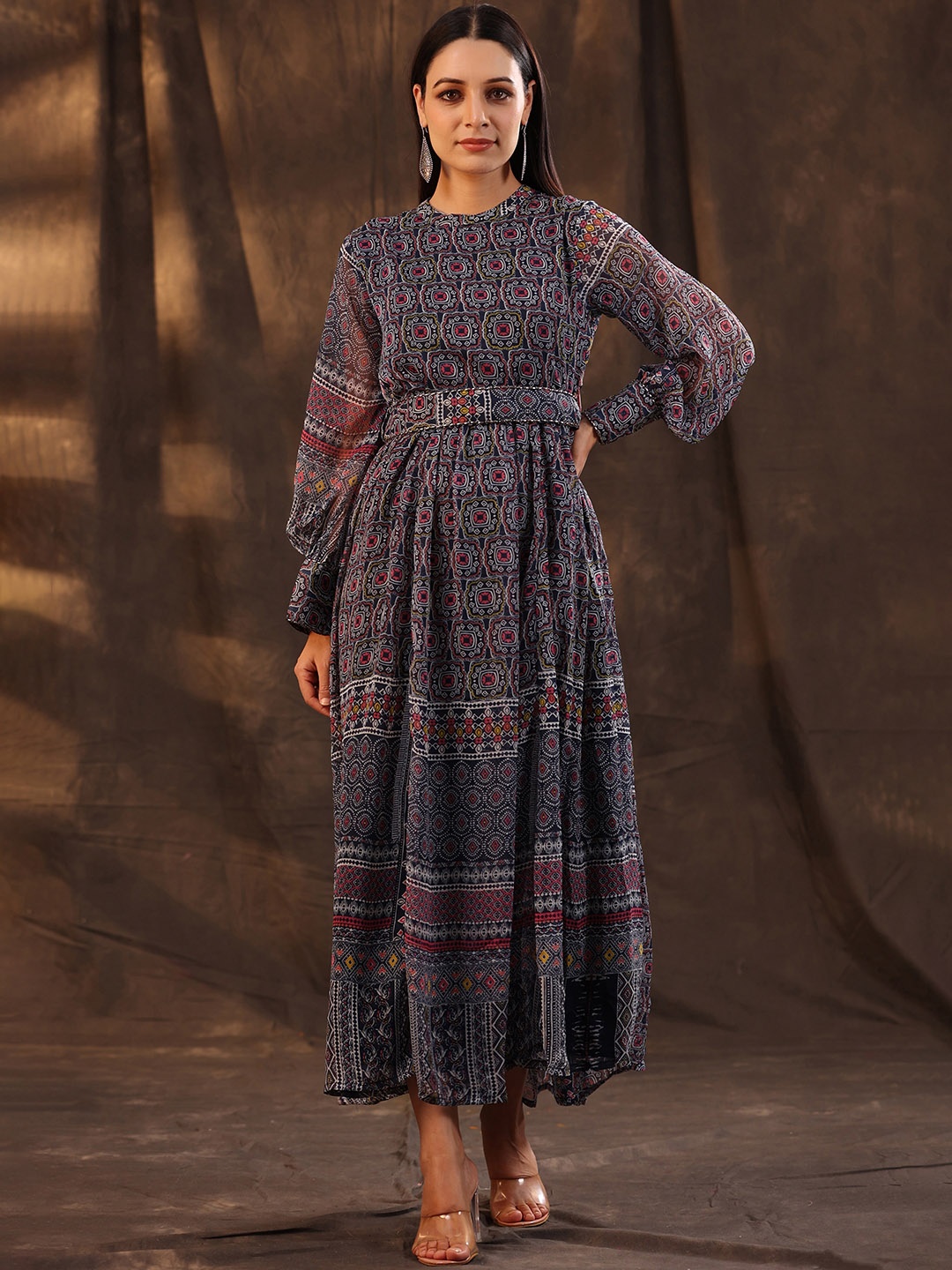 

Juniper Navy Blue & Red Printed Chiffon Maxi Dress