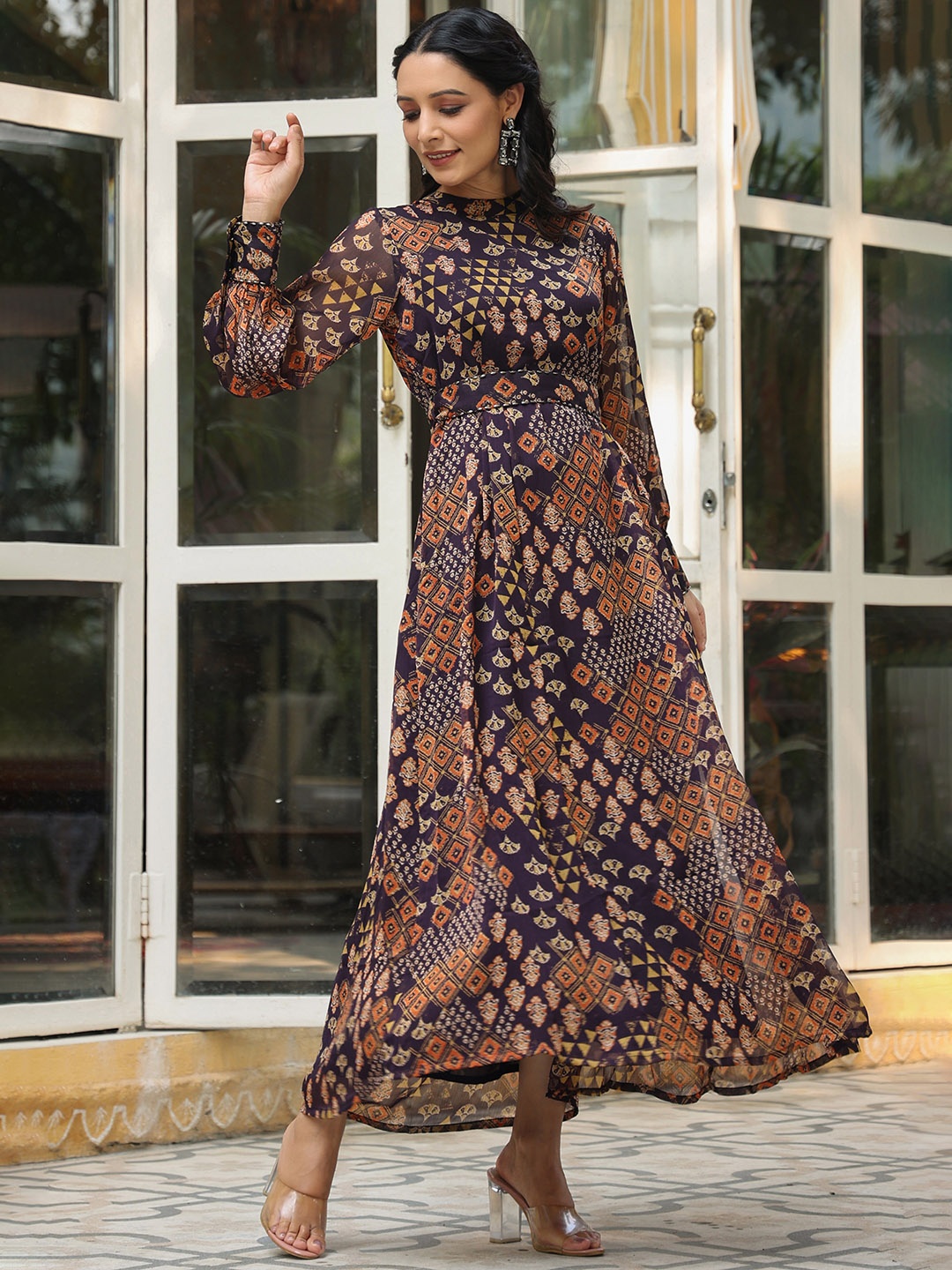 

Juniper Black Ethnic Motifs Printed Chiffon Maxi Dress
