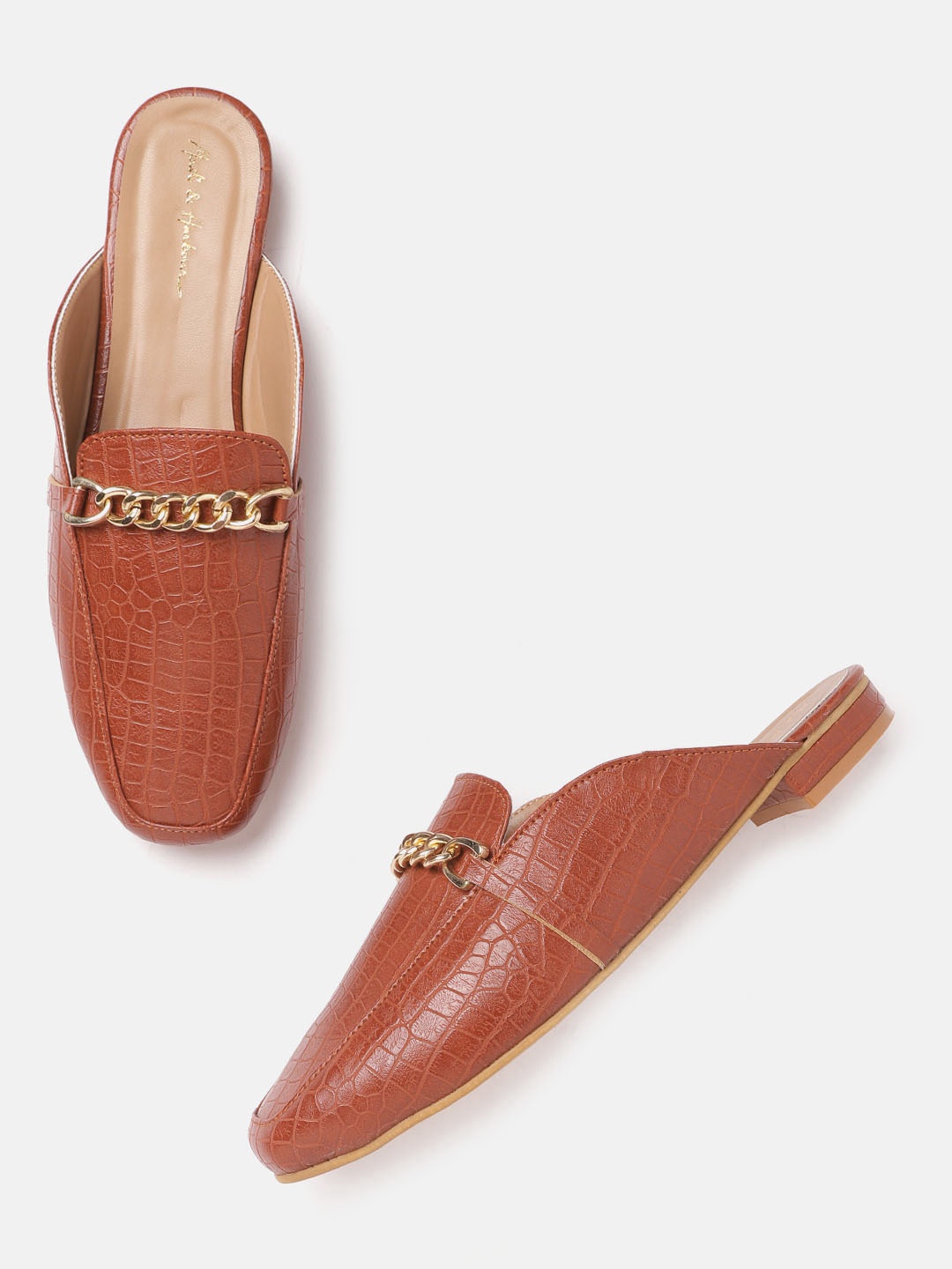 

Mast & Harbour Women Tan Brown Croc Textured Mules with Chain Detail