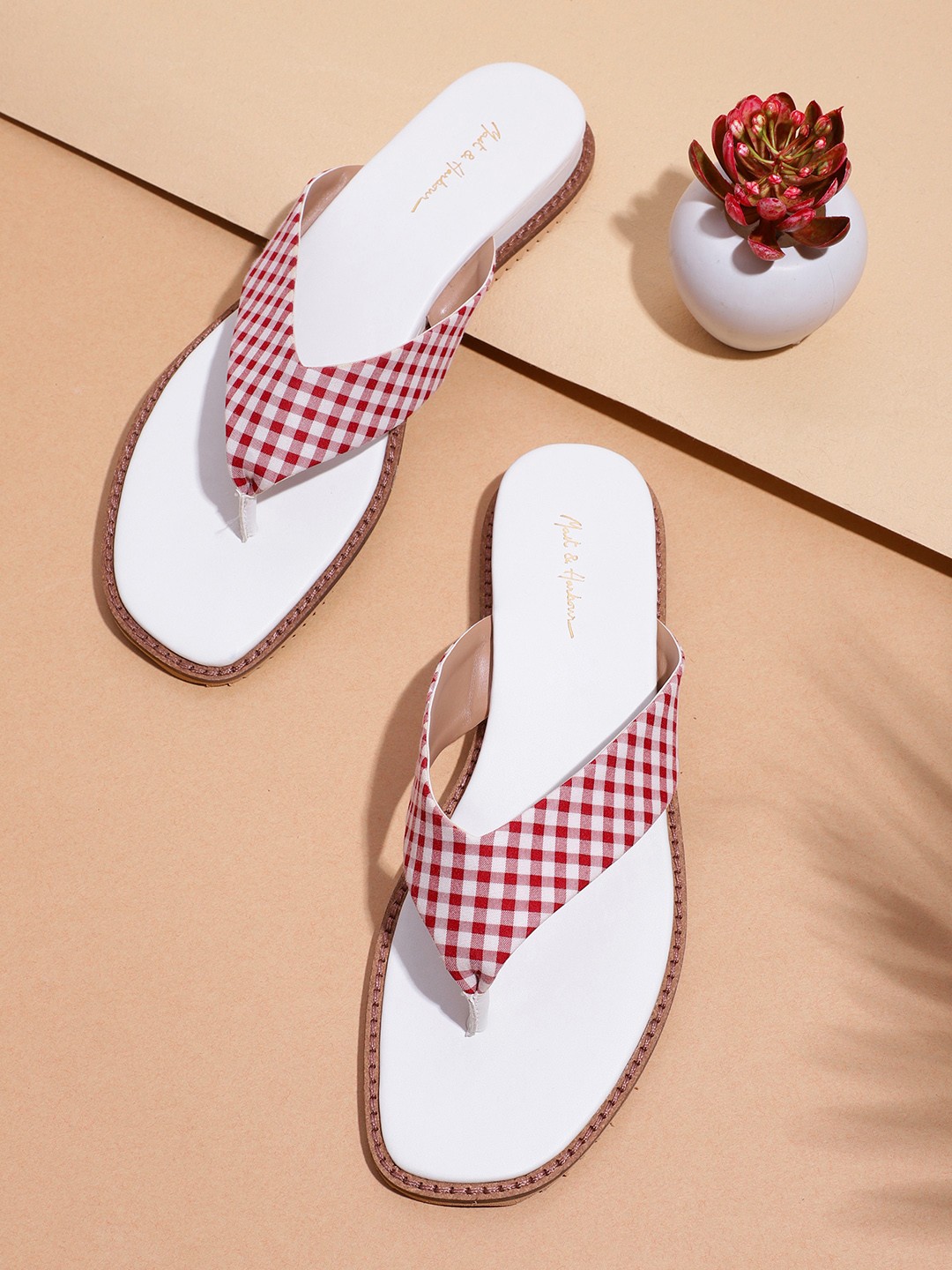 

Mast & Harbour Women Maroon & White Checked Open Toe Flats