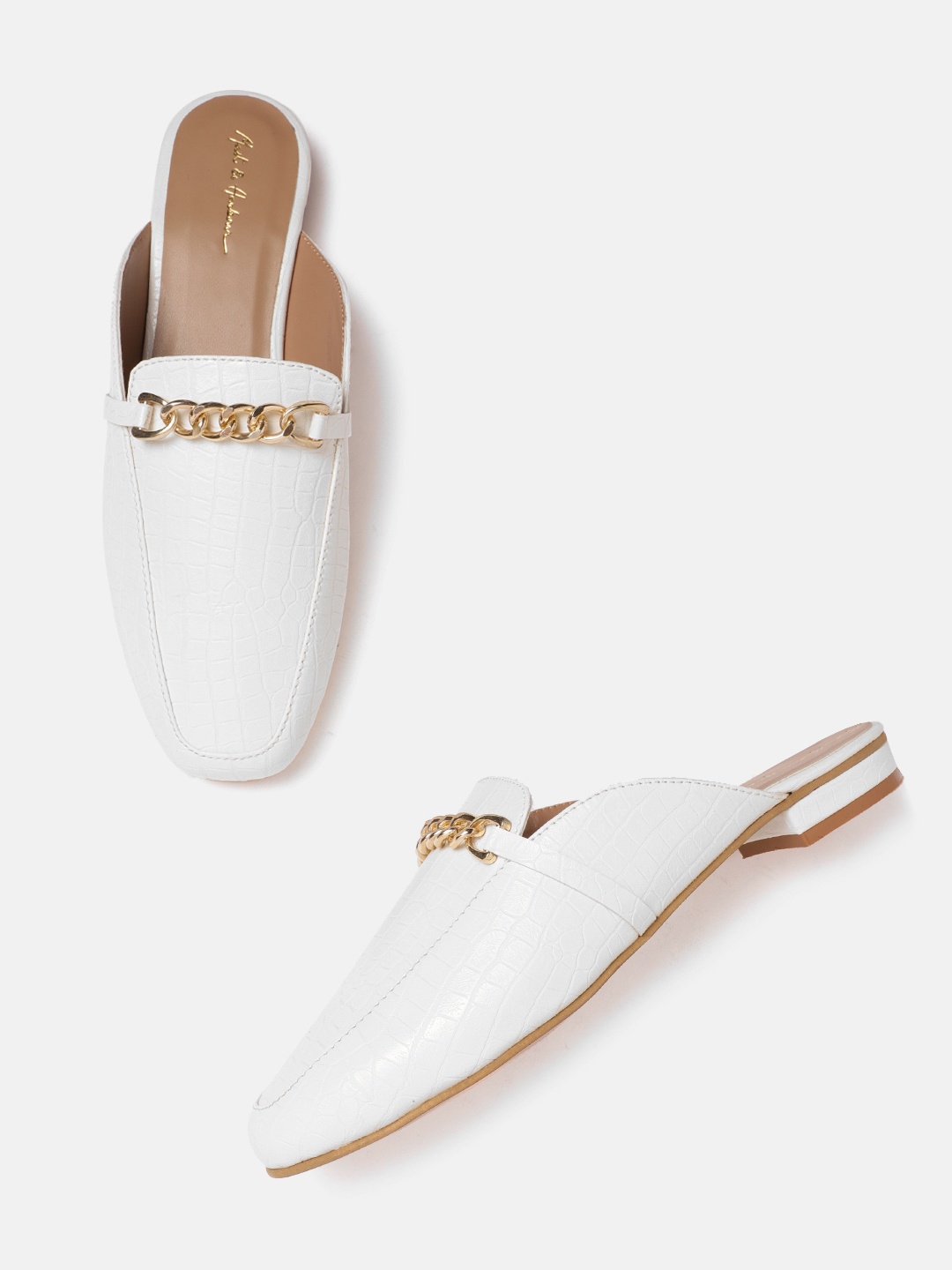 

Mast & Harbour Women White Croc Textured Mules with Chain Detail