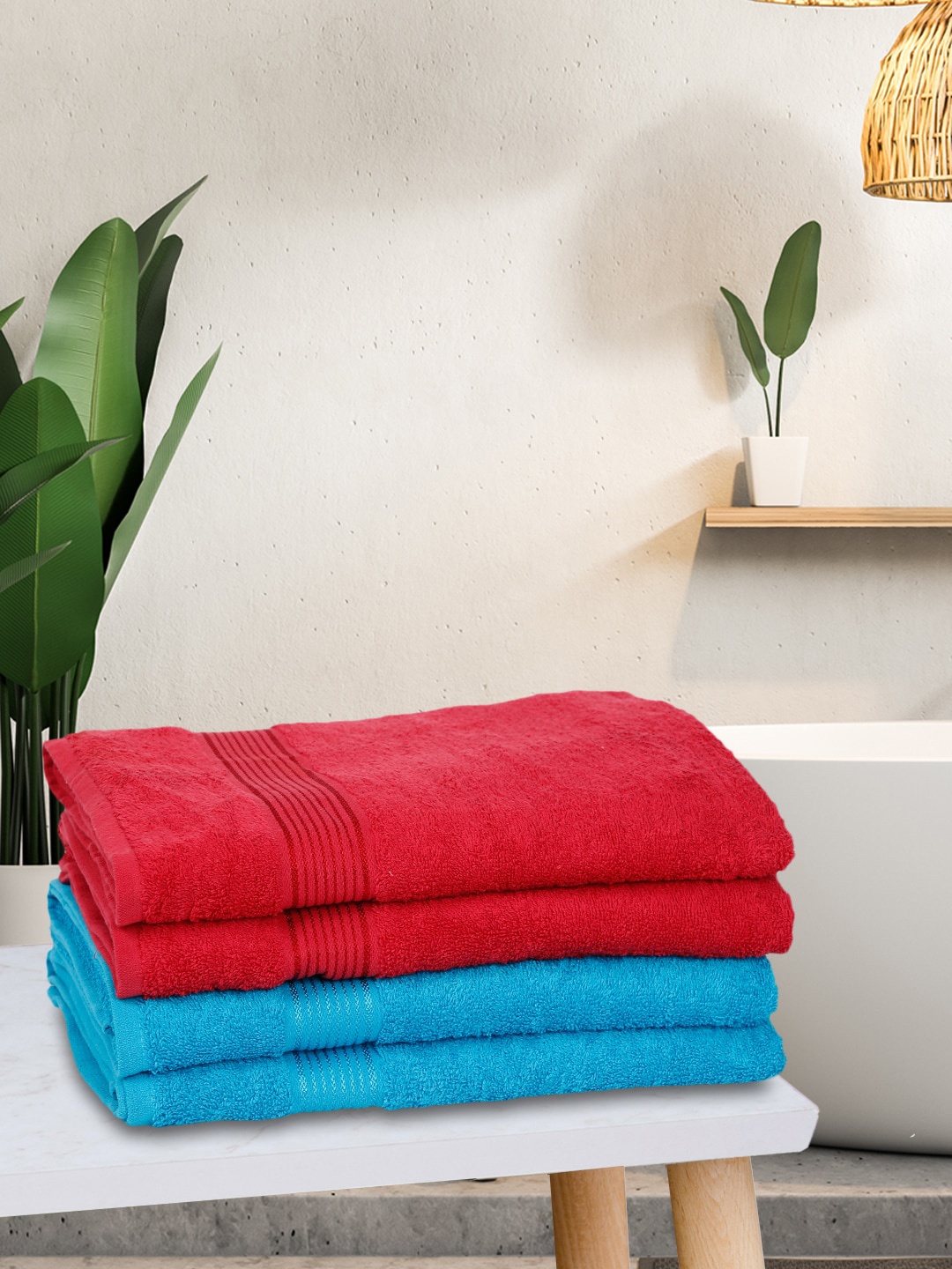 

KOPA Set Of 4 Red & Turquoise Blue Solid 380 GSM Pure Cotton Terry Bath Towels