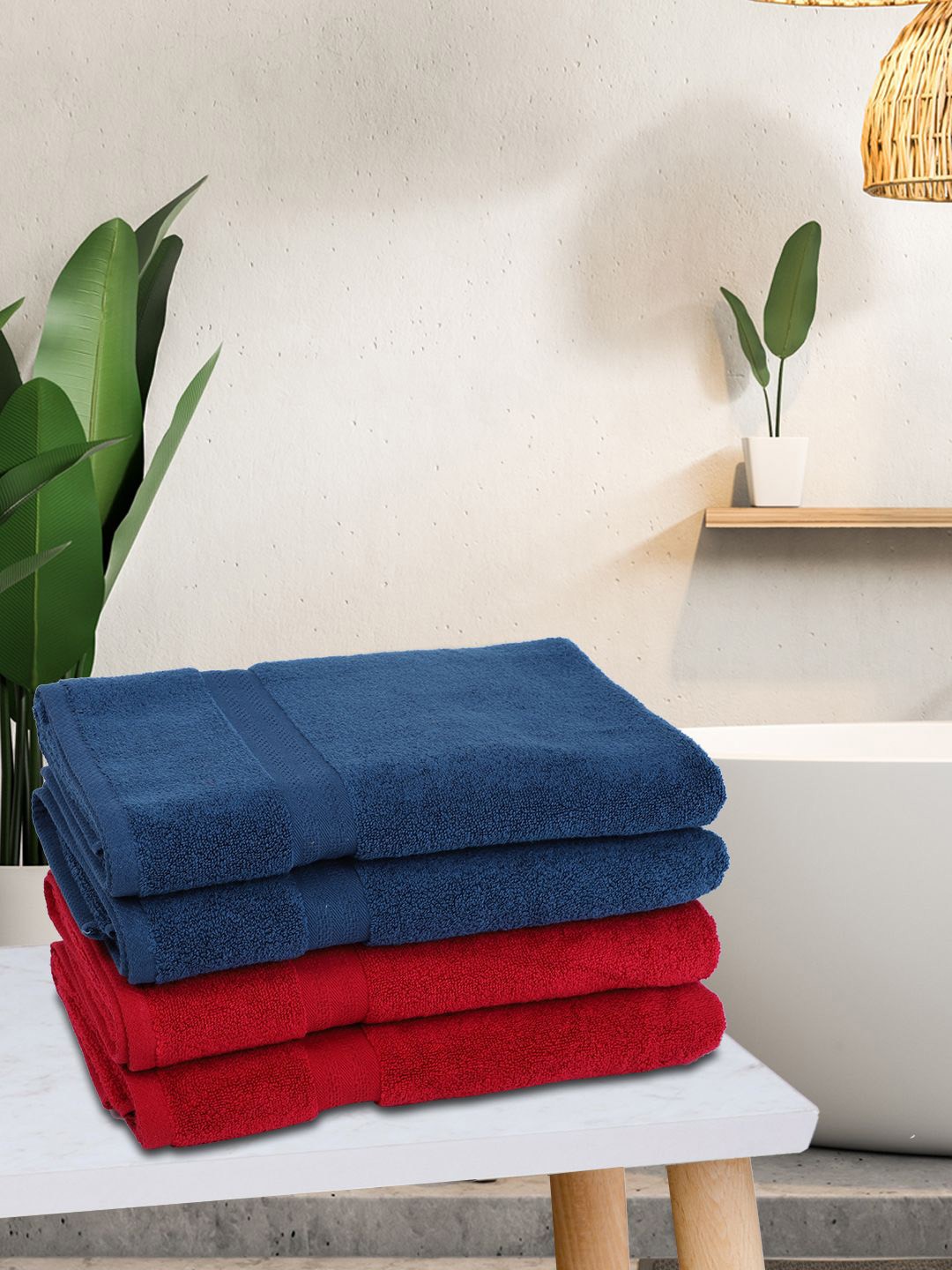 

BIANCA Set Of 4 Red & Blue Solid 380 GSM Pure Cotton Terry Bath Towels