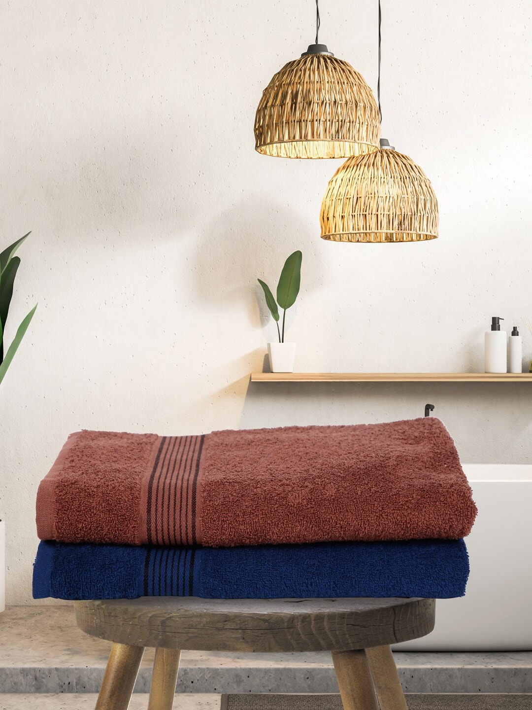 

KOPA Set Of 2 Brown & Navy Blue Solid 380 GSM Pure Cotton Terry Bath Towels