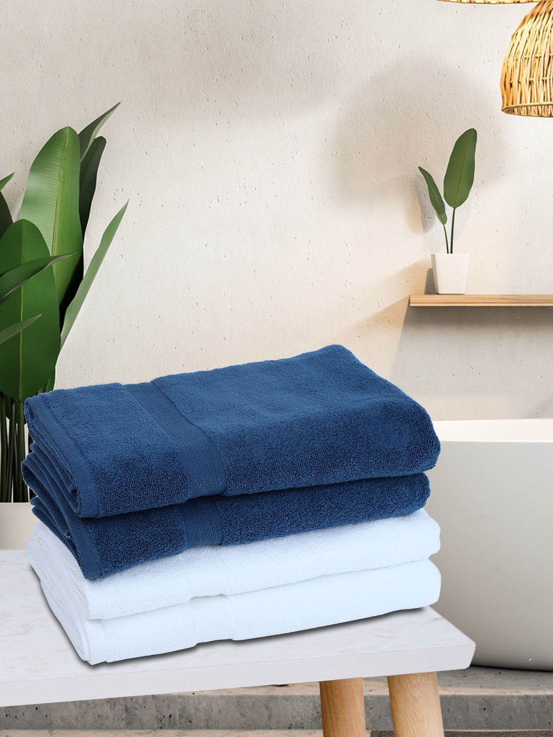 

BIANCA White & Navy Blue Set of 4 Solid 500 GSM Cotton Bath Towels