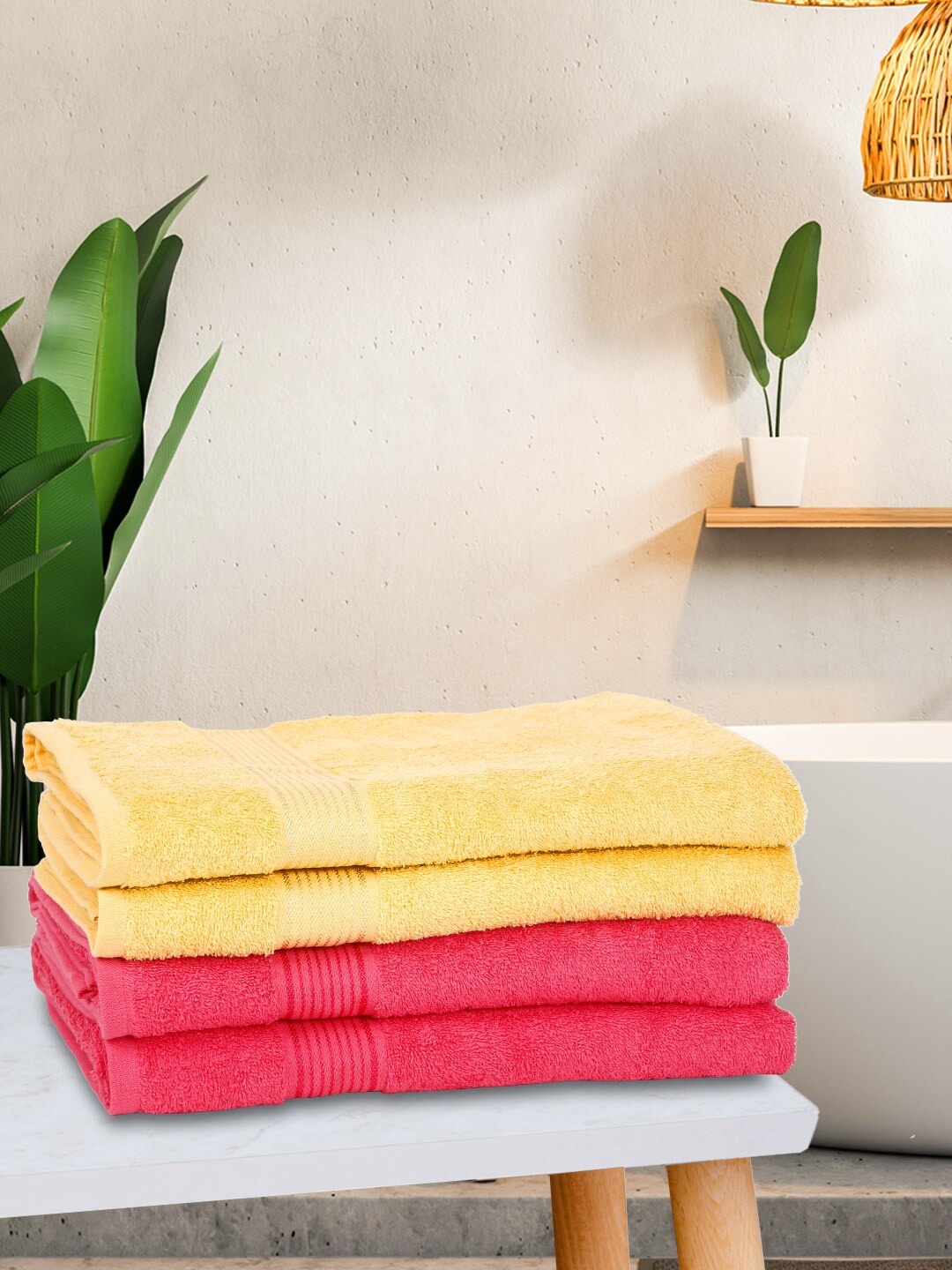 

KOPA Set Of 4 Pink & Yellow Solid 380 GSM Pure Cotton Terry Bath Towels