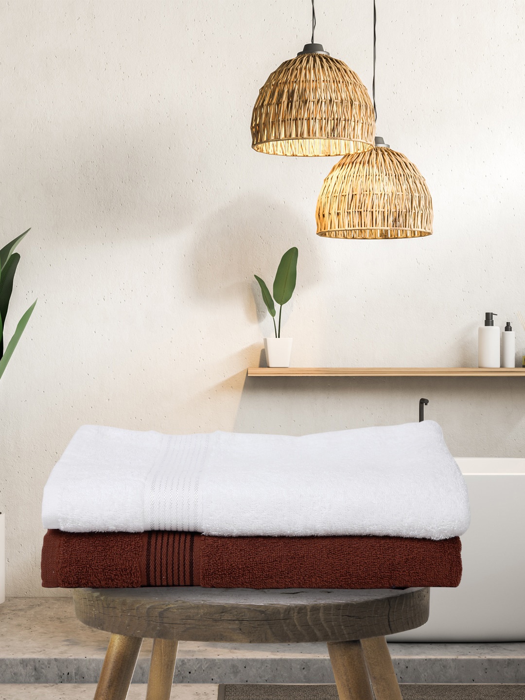 

KOPA Set Of 2 White & Brown Solid 380 GSM Pure Cotton Terry Bath Towels