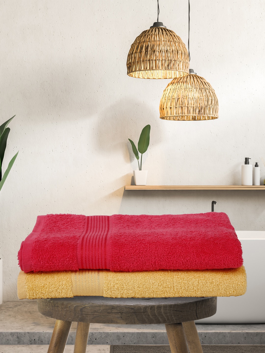 

KOPA Set Of 2 Red & Yellow Solid 380 GSM Pure Cotton Terry Bath Towels