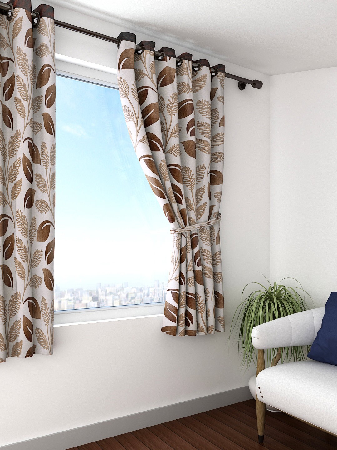 

Cortina Beige & Brown Single Leaf Print Window Curtain