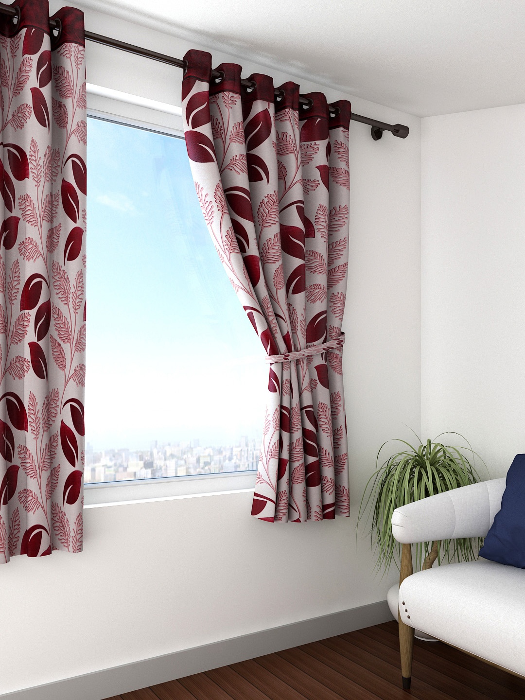 

Cortina Pink & Maroon Single Leaf Print Window Curtain