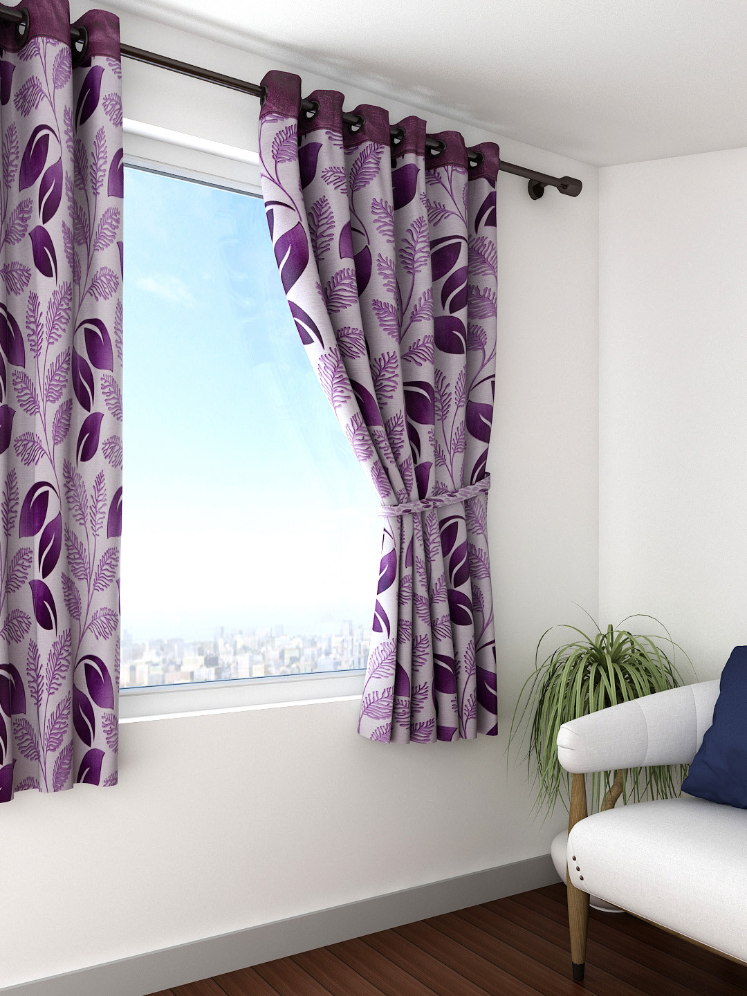 

Cortina Purple Single Leaf Print Window Curtain