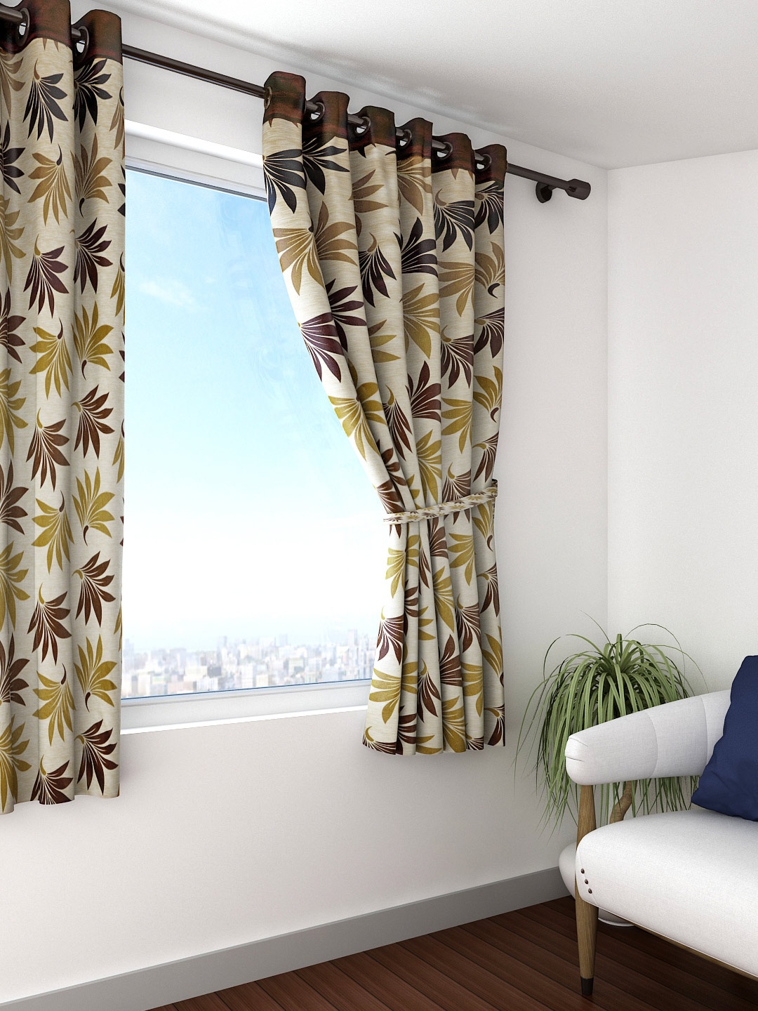 

Cortina Beige & Brown Single Leaf Print Window Curtain