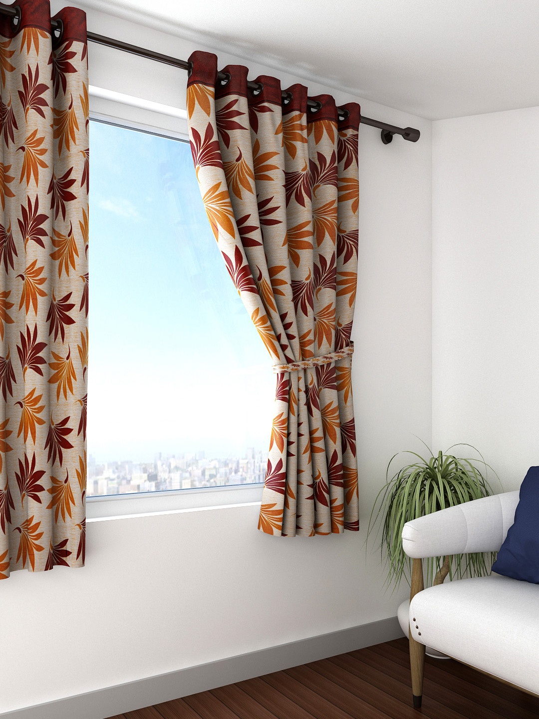 

Cortina Orange Single Leaf Print Window Curtain
