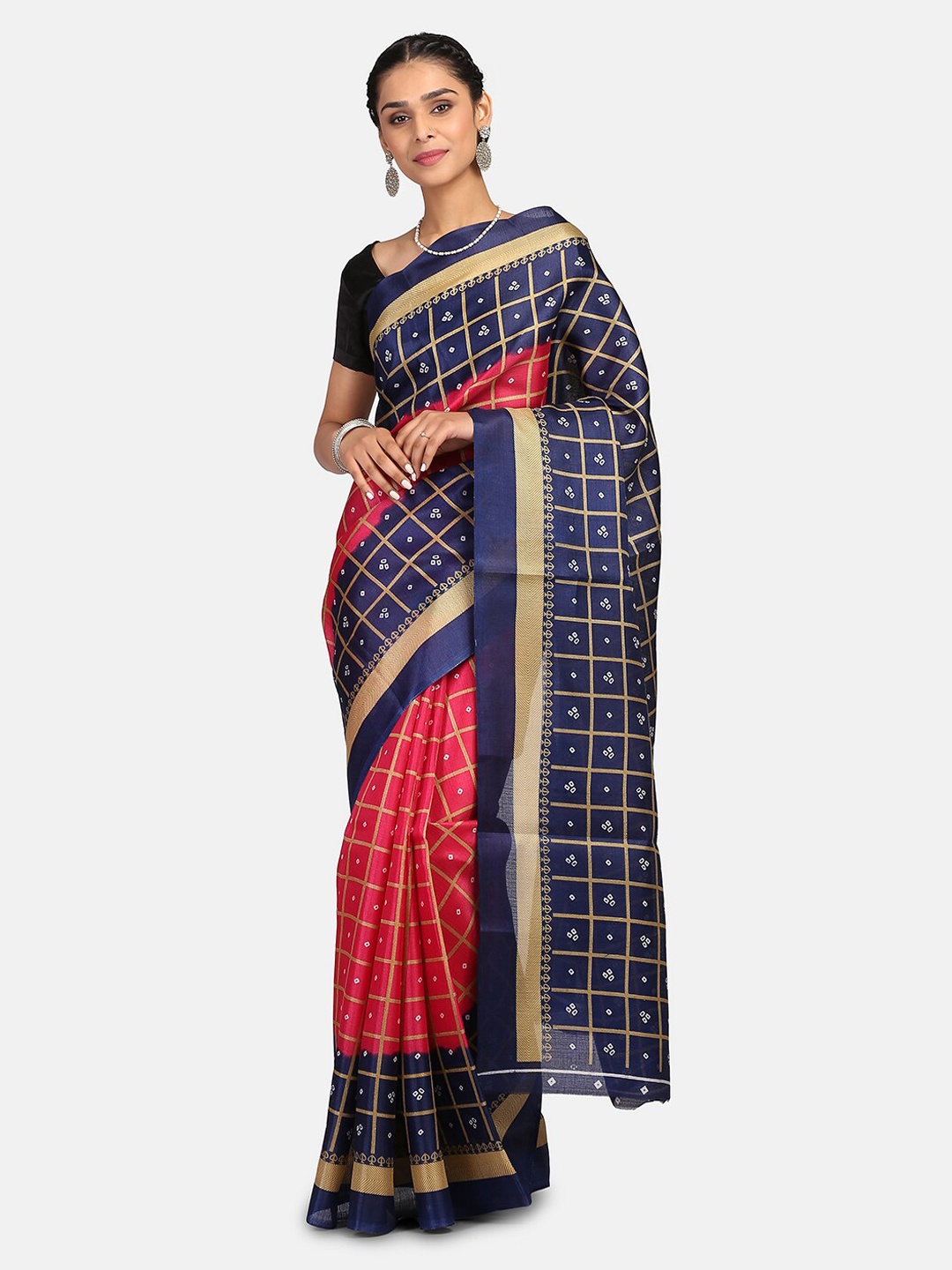 

Mirraw Navy Blue & Gold-Coloured Batik Art Silk Saree