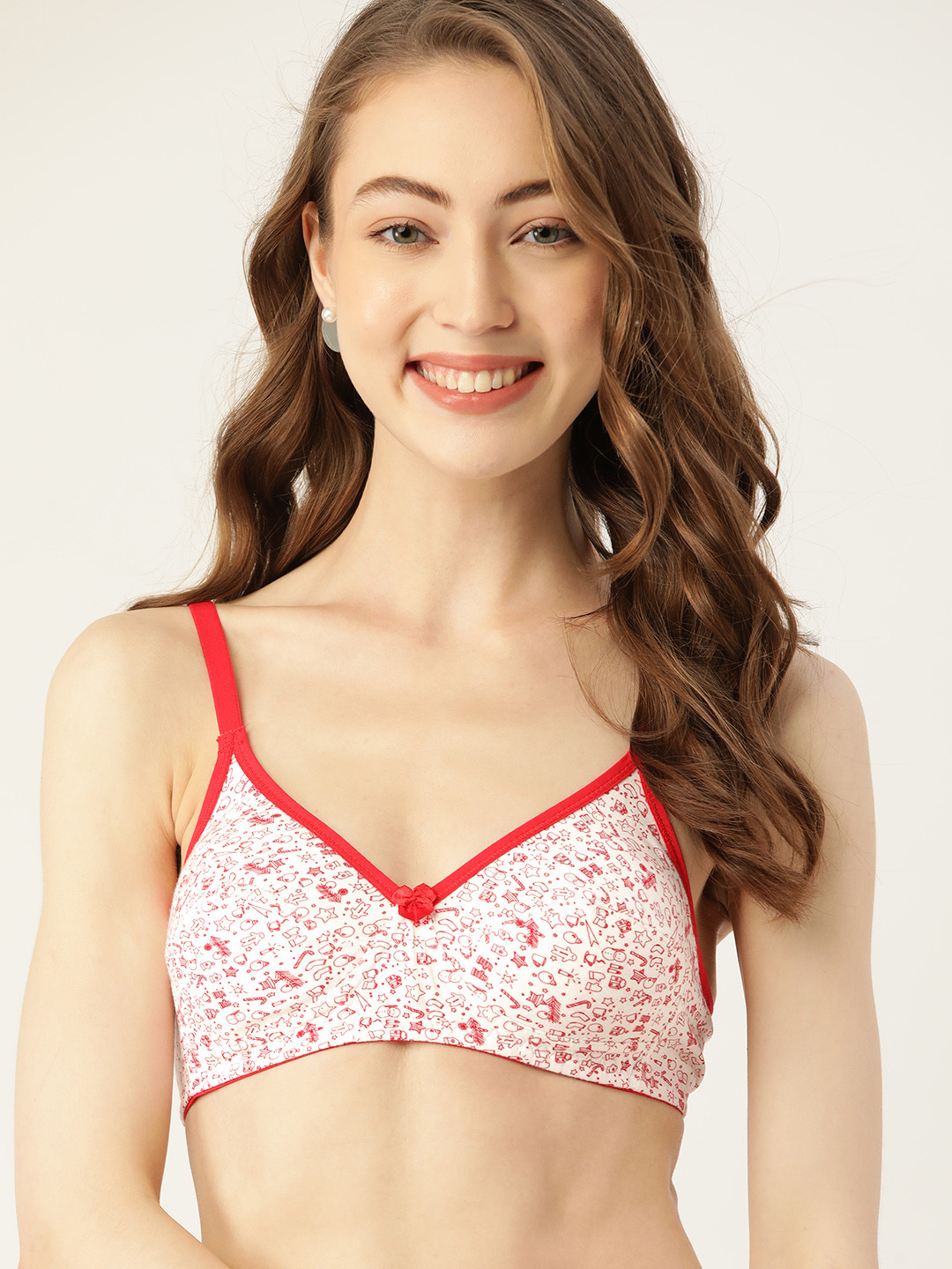 

DressBerry White & Red Floral Print Everyday Bra Medium Coverage